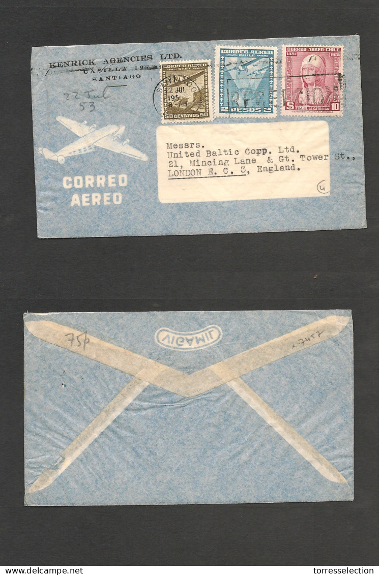 CHILE. Chile - Cover -1953 22 July Stgo To London UK Air Mult Fkd Env Mixed Issues Rate $12.50, Fine.  Ex-Prof West UK A - Cile