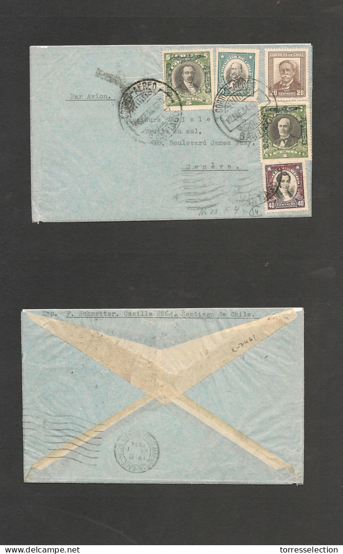 CHILE. Chile - Cover - 1934 12 Ene Stgo To Switzerland Geneve Air Mult Fkd Env Rate$ 7.10. Mixed Issues, Fine.  Via Mars - Cile