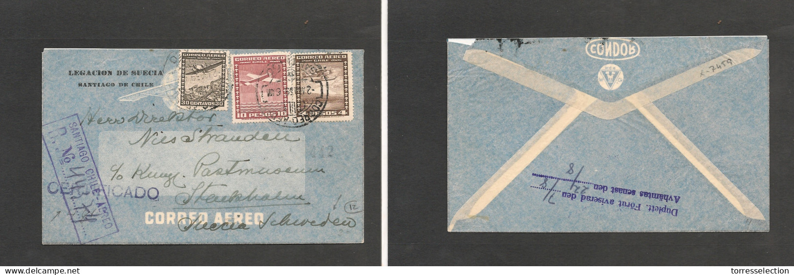 CHILE. Chile - Cover - 1939 22 Ago Stgo To Sweden Stenkholm Registr Air Mult Fkd Env At $14.30 Rate Better Dest. Fine Pe - Cile