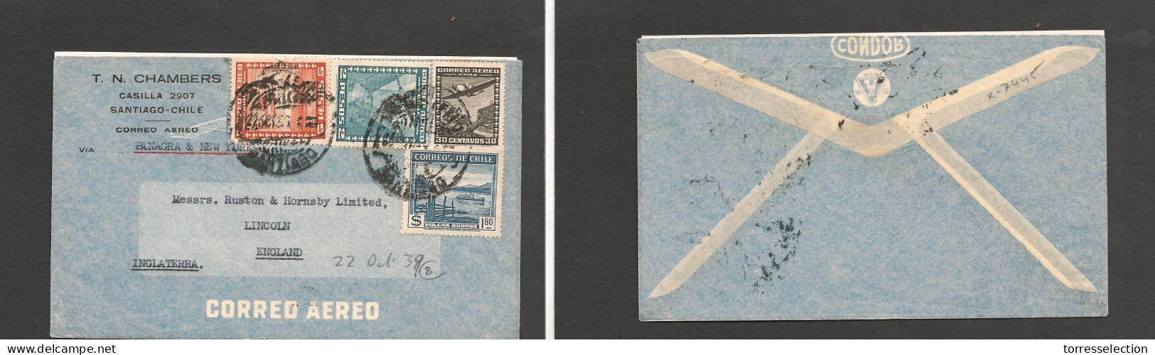 CHILE. Chile - Cover - 1939 22 Oct Stgo To UK Linlcon Mult Fkd Env "Ville De Mendojar", Panagra & NY. Ex-Prof West UK Ai - Chile