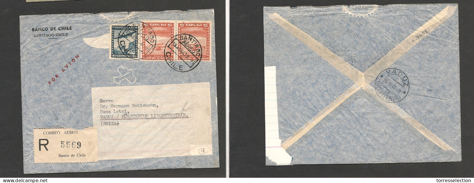 CHILE. Chile - Cover - 1947 18 Abr Stgo To Vaduz Liechtenstein Registr Air Mult Fkd Env $10.40 Rate Reg Banco De Chile L - Cile