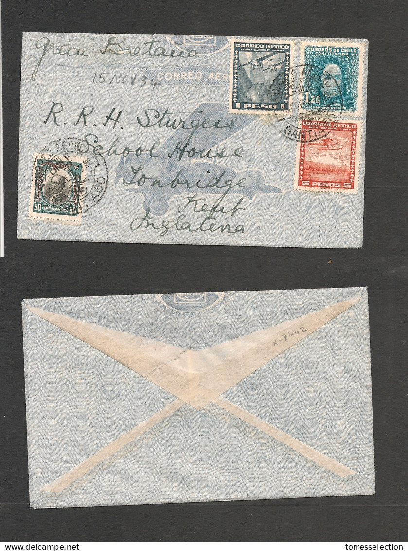 CHILE. Chile - Cover - 1934 15 Nov Stgo To UK Kent Air Mult Fkd Env Rate $7.70. Fine. Ex-Prof West UK Airmails Coll.- .  - Chile