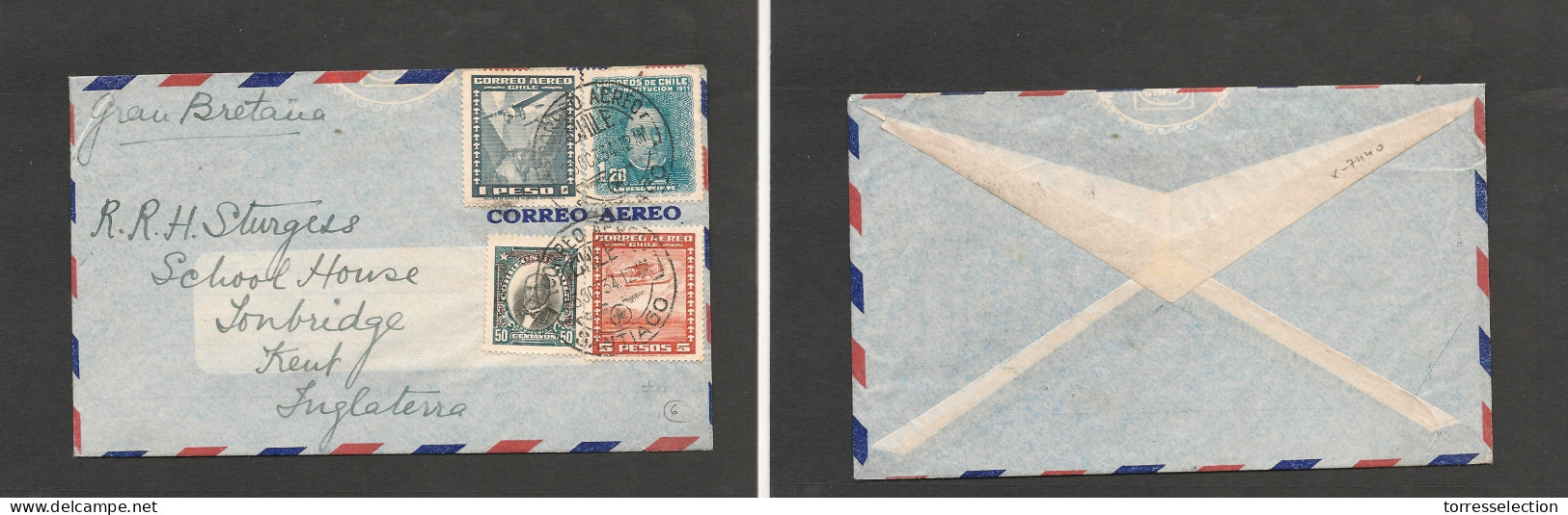 CHILE. Chile - Cover - 1934 23 Oct Stgo To UK Kent Air Mult Fkd Env Air France 27 Oct. Fine. Ex-Prof West UK Airmails Co - Chile