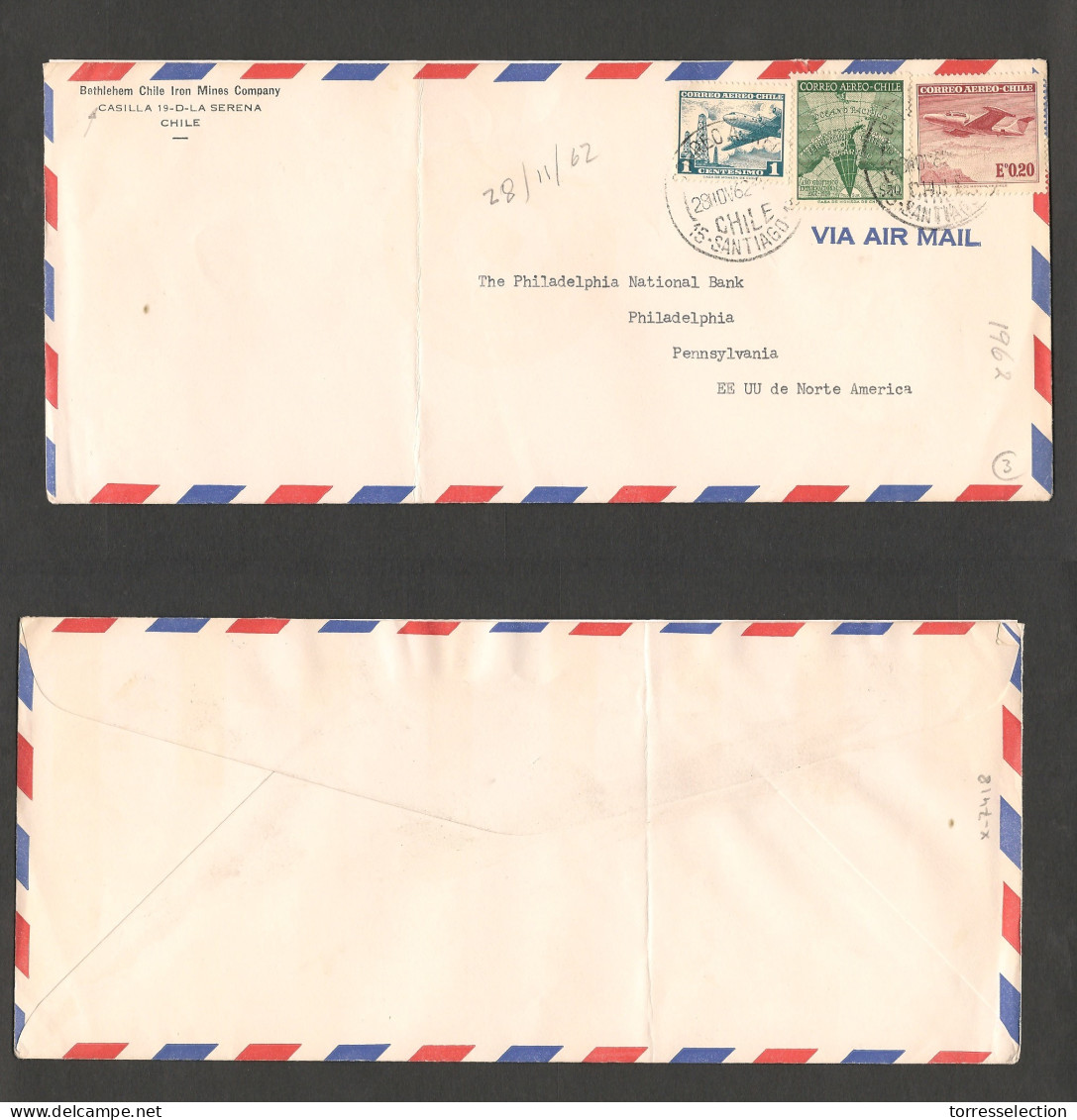 CHILE. Chile - Cover - 1962 28 Nov Stgo To USA Pha Bethelem Chile Iron Mines Cº Stgo To USA Pha Air Mult Fkd Env Rete $2 - Chile