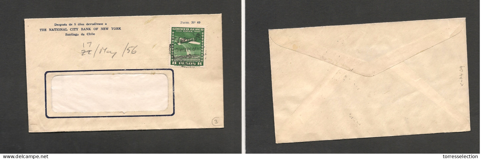 CHILE. Chile - Cover - 1956 17 May Stgo To USA? Fkd Env Air 8 Pesos Rate. Ex-Prof West UK Airmails Coll.- . Easy Deal. - Chile