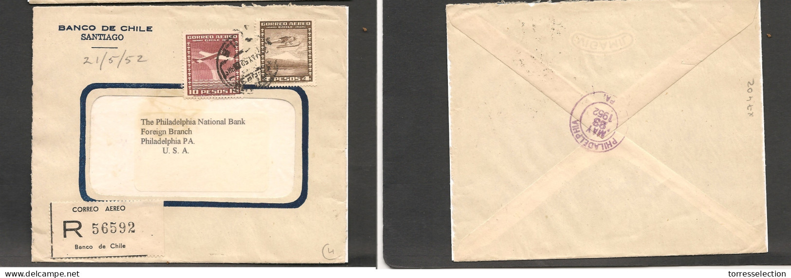 CHILE. Chile - Cover -1952 20 May Stgo To USA Pha Registr Mult Fkd Env 14$ Rate( Inflation New One).  Ex-Prof West UK Ai - Chile