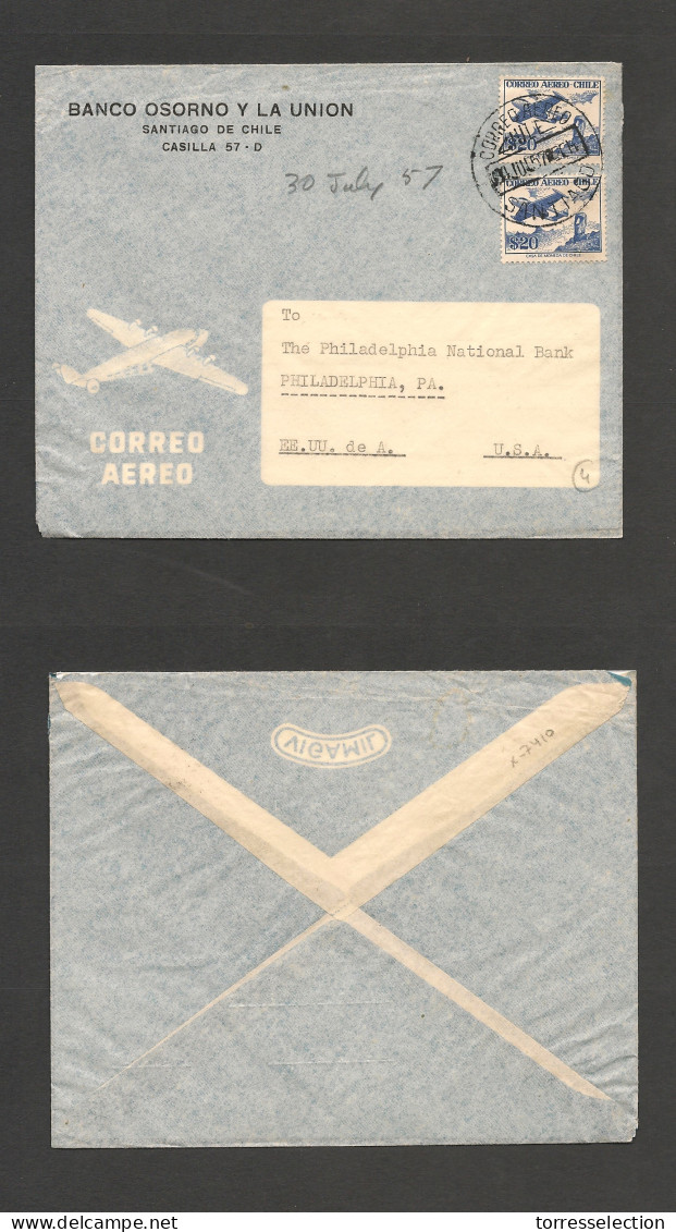 CHILE. Chile - Cover - 1957 30 July Stgo To USA Pha Air Mult Fkd Env Nice Cds 40$ Rate Fine. Ex-Prof West UK Airmails Co - Chile