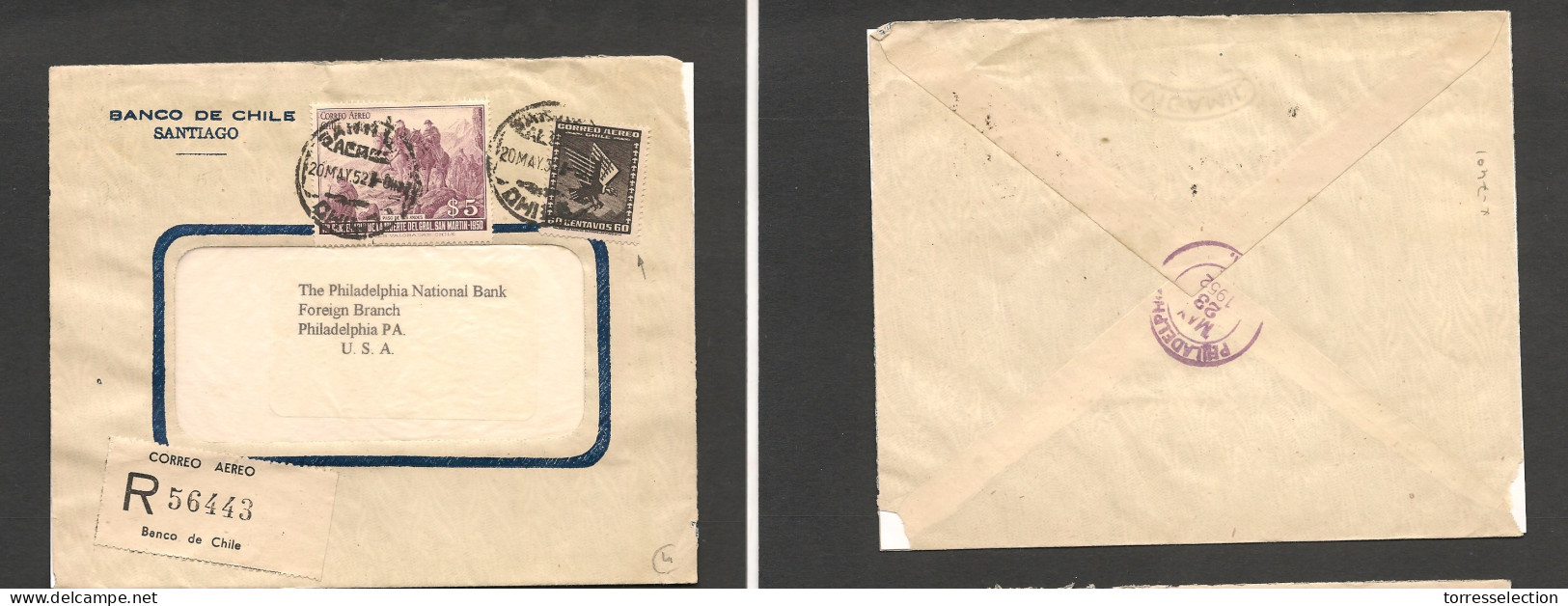 CHILE. Chile - Cover - 1952 20 May Stgo To USA Pha Registr Mult Fkd Env. 5,60$ Rate. Ex-Prof West UK Airmails Coll.- . E - Chile