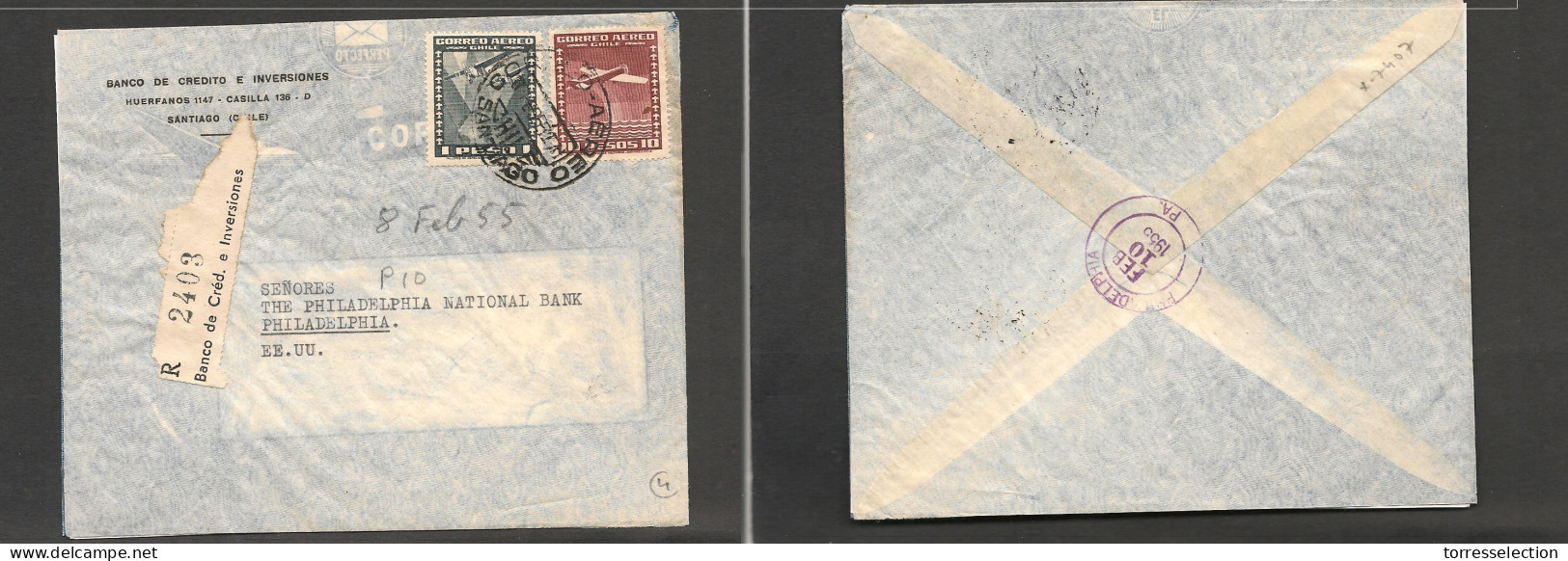 CHILE. Chile - Cover - 1955 17 Febr Stgo To USA Pha Registr Mult Fkd Env $11 Rate Banco Cred Inv Reg Label. Ex-Prof West - Chile