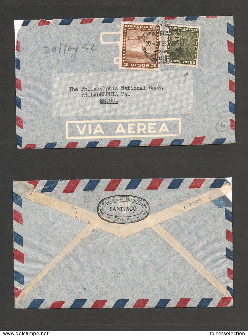 CHILE. Chile - Cover -1952 20 May Stgo To USA Pha Air Mult Fkd Env 3,80$ RateEx-Prof West UK Airmails Coll.- . Easy Deal - Cile