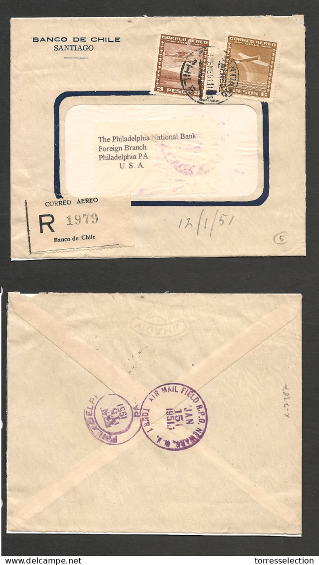 CHILE. Chile - Cover - 1951 12 Jan Stgo To USA Pha Registr Banco De Chile Label Mult Fkd Env Direct Flight To NY, But DI - Chile