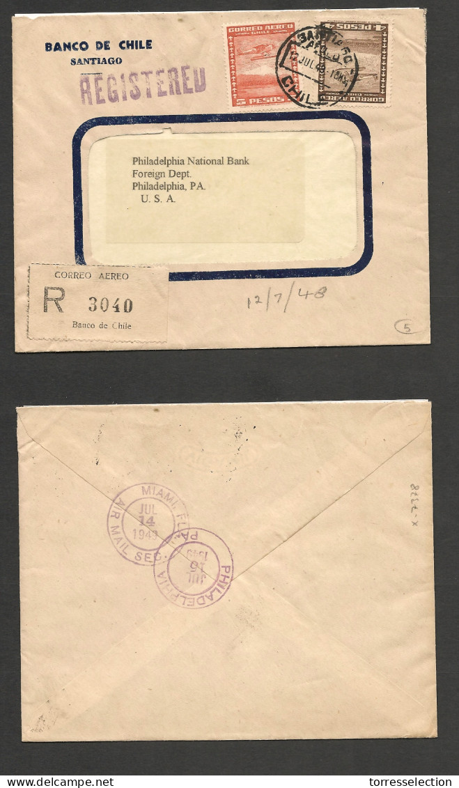 CHILE. Chile - Cover - 1948 12 July Stgo To USA Registr Mult Fkd Env Rate $9,40, Via Miami.Ex-Prof West UK Airmails Coll - Chile