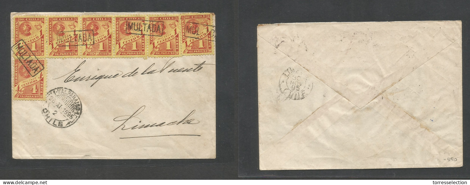 CHILE. 1895 (26 Nov) Valparaiso - Limache. Multifkd Envelope + Taxed + Postage Dues 1c Hong Strip Of Five + Two Singles  - Chile