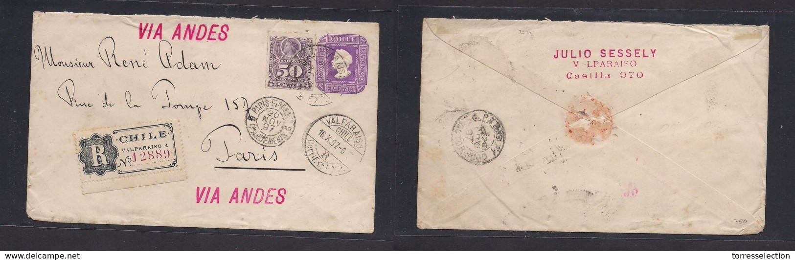 CHILE. 1897 (16 Oct) Valp - France, Paris (20 Nov) 5c Lilac Embossed Registered Stationary Envelope + Adtl 50c Violet Pe - Chile