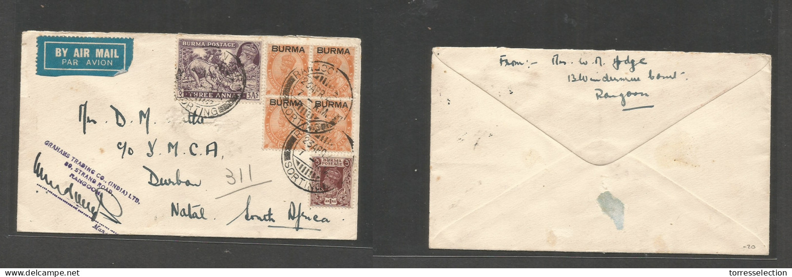 BURMA. 1940 (23 Apr) Rangoon - South Africa, Purban, Natal. Air Multifkd Env, Cds. - Birmanie (...-1947)