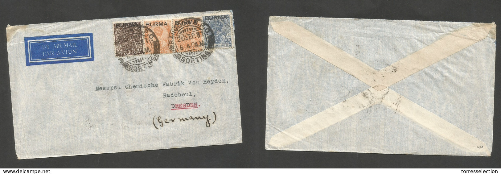 BURMA. 1937 (20 Sept) Rangoon - Germany, Dresden, Radebeul. Air Multifkd Env. Tricolor Usage. VF. - Burma (...-1947)