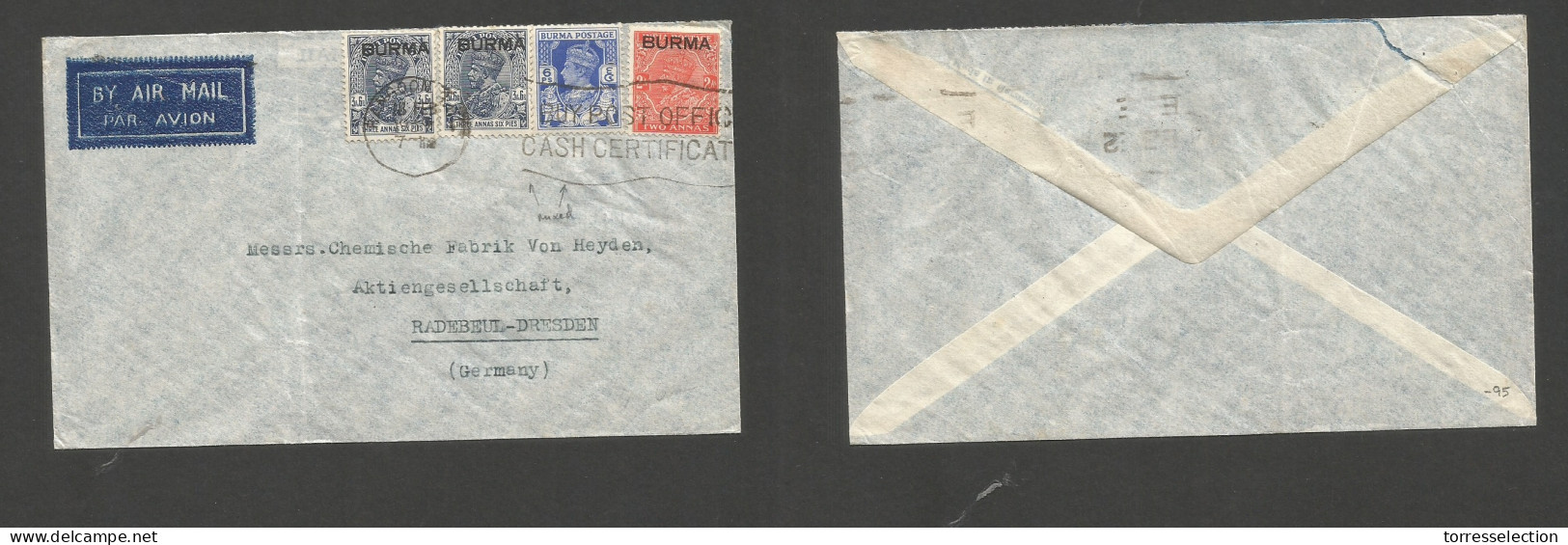 BURMA. 1937 (18 Febr) Rangoon - Germany, Radebeul. Air Multifkd Env, Mixed Kingdoms Issues Incl Ovptd, Slogan Rolling Ca - Birma (...-1947)