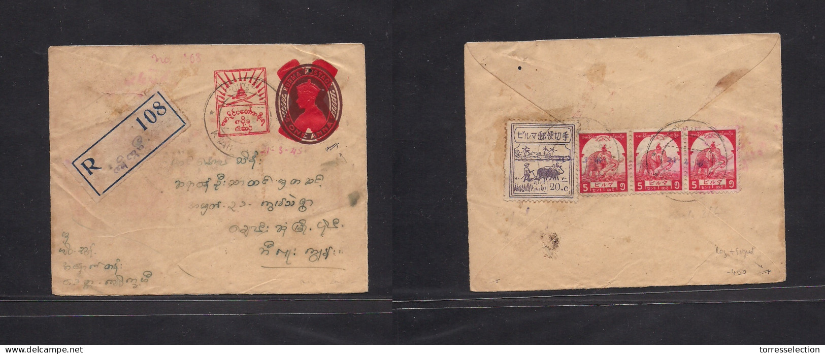 BURMA. C. 1943-4. Japanese Ocupation. Registered Ovptd Reverse Multifkd Envelope, Mixed Issues + Signed On Front And Rev - Burma (...-1947)