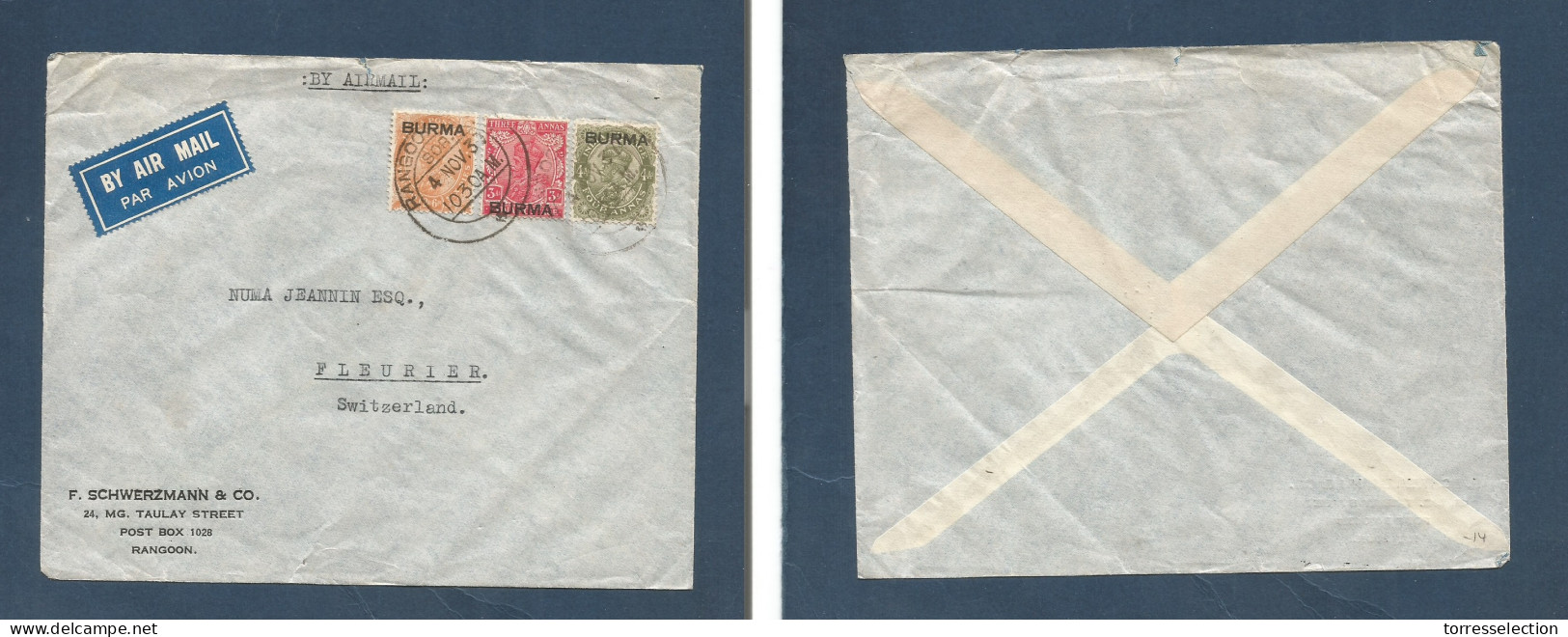 BURMA. 1937 (4 Nov) Rangoon - Switzerland, Fleurier. Air Tricolor Multifkd Ovptd Issue. VF Tied Cds. - Birmanie (...-1947)