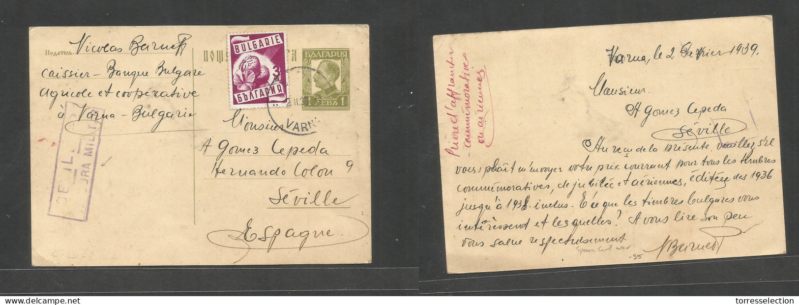 BULGARIA. 1939 (2 Febr) Varna - Spain, Sevilla. 1l Green Stat Card + Adtl. Arrival Spain Civil War Censorship. Rarity De - Altri & Non Classificati