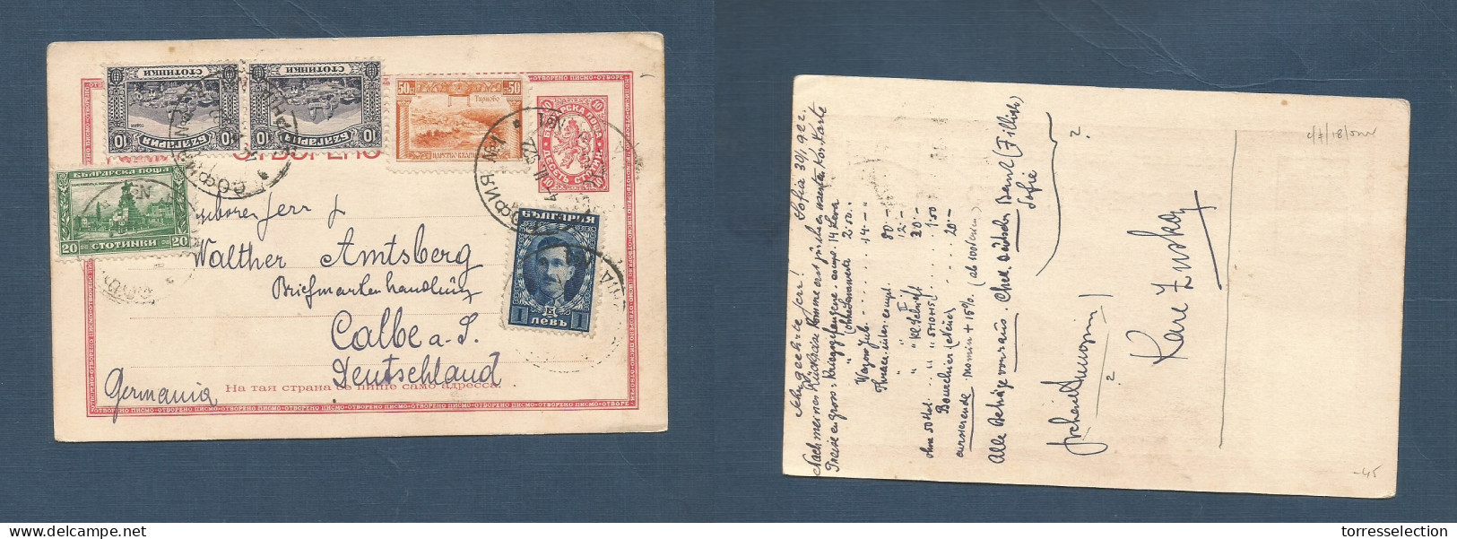 BULGARIA. 1922 (30 Jan) Sofia - Germany, Calbe. 10p Red + Five Adtls Stationary Card, Tied Cds. VF Usage. - Altri & Non Classificati