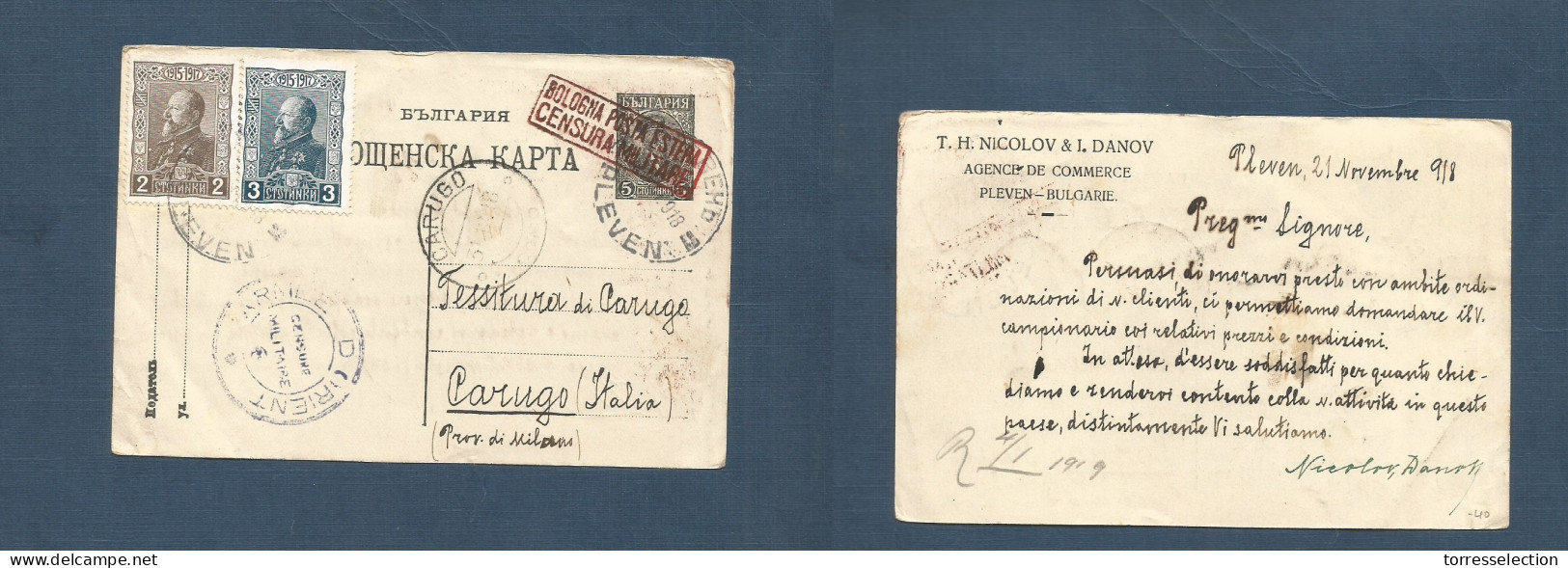 BULGARIA. 1918 (21 Nov) Pleven - Italy, Carugo. 5b Black Comm + Military Cachet Stationary Card. WWI Censored Cachet At  - Altri & Non Classificati