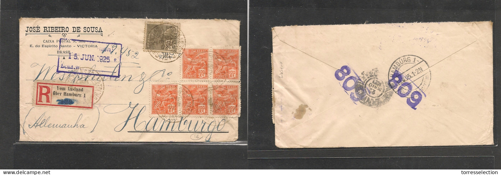 BRAZIL. Brazil Cover - 1925 Victoria To Germany Hamburg Registr Mult Fkd Env German Prov Registr Label - Other & Unclassified