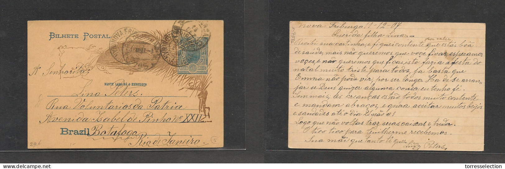 BRAZIL. Brazil Cover - 1907vNova Friburgo To Botafogo. 50rs Stat Card Several Transits Cds, Fine - Other & Unclassified