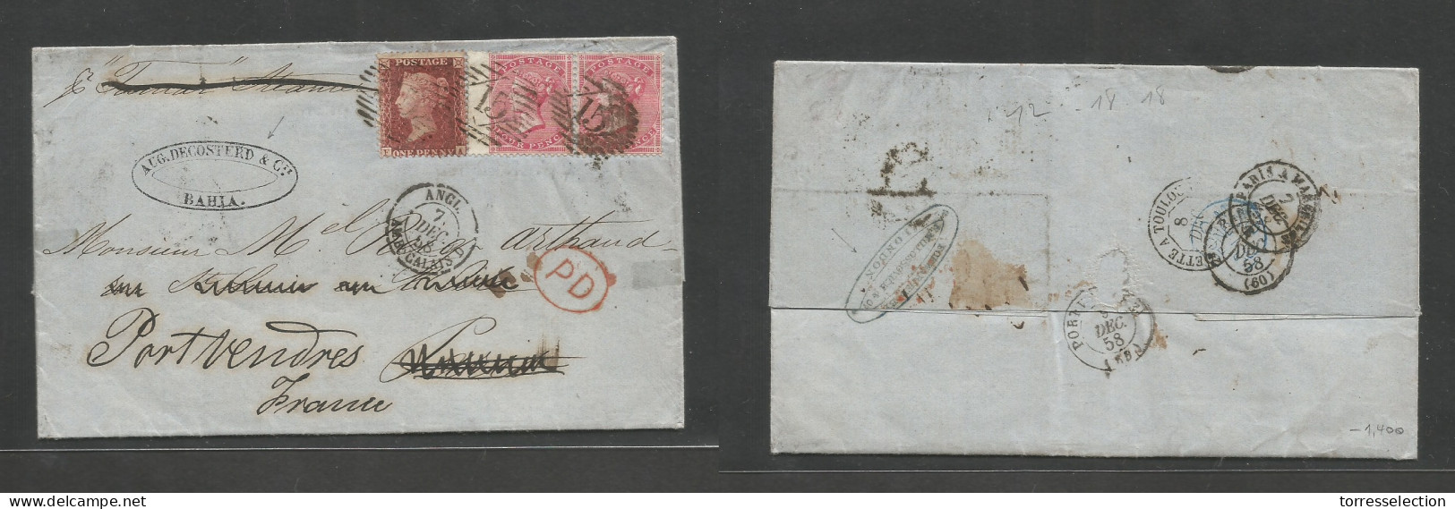 BRAZIL. 1858 (9 Nov) Bahia - France, Port Vendres (9 Dec). Exceptional EL Full French Contains Forwarded To London Blue  - Other & Unclassified