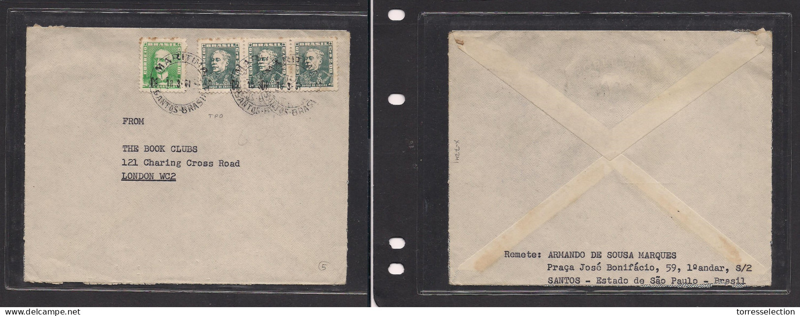 BRAZIL. Brazil Cover 1961 Santos To London UK Mult Fkd Env Maritimo Cancel Fine. Easy Deal. - Other & Unclassified