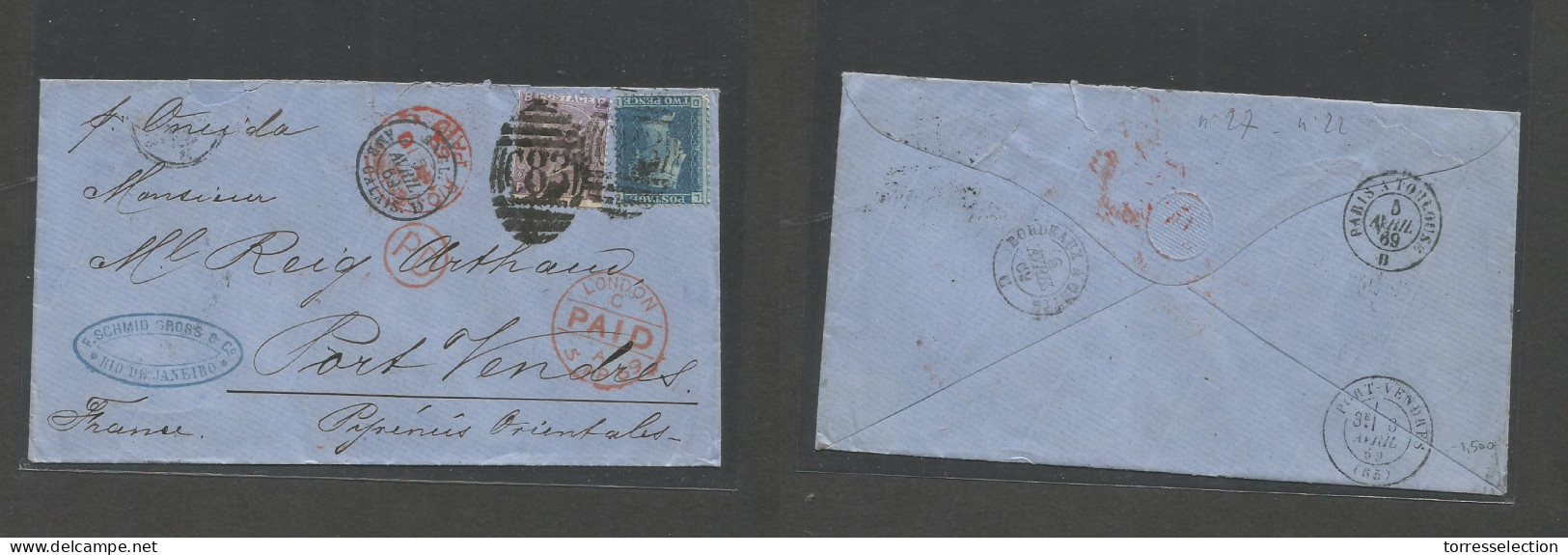 BRAZIL. 1869 (10 March) RJ - France, Port Vendres (6 Apr) Fkd Env GB 2d Blue + 6d Lilac Large Corner Letters Surfaced Pr - Other & Unclassified