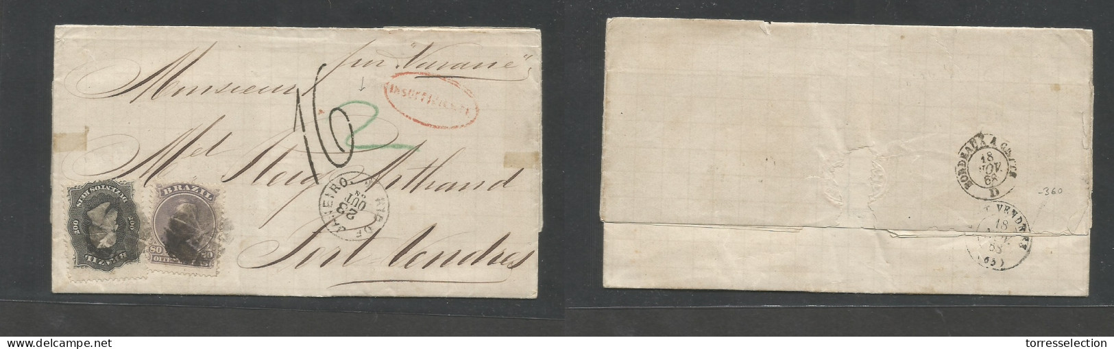 BRAZIL. 1868 (23 Oct) RJ - France, Port Vendres (18 Nov) EL With Full Text, Per "Extremadure" French Messageries, Fkd At - Other & Unclassified