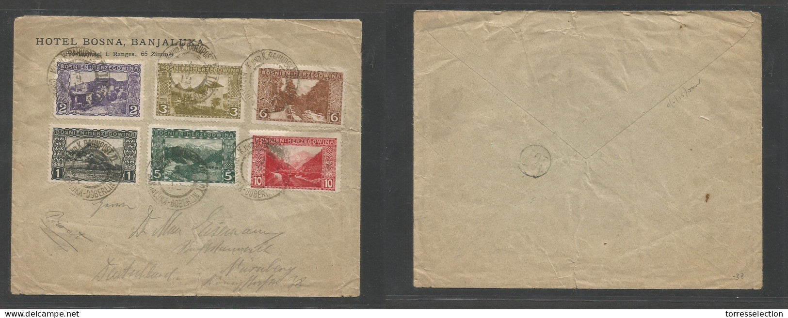 BOSNIA. 1912 (2 Sept) Banjaluka - Germany, Nuremberg. Multifkd Env, TPO Cancel Doberlin. Arrival Cachet Reverse. - Bosnie-Herzegovine