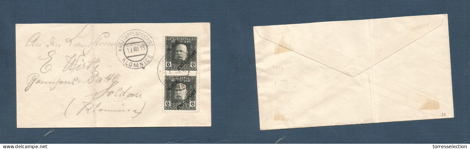 BOSNIA. 1915 (19 Aug) Klomnice Local Multifkd Issue Envelope 12k Rate, Tied Cds. - Bosnie-Herzegovine