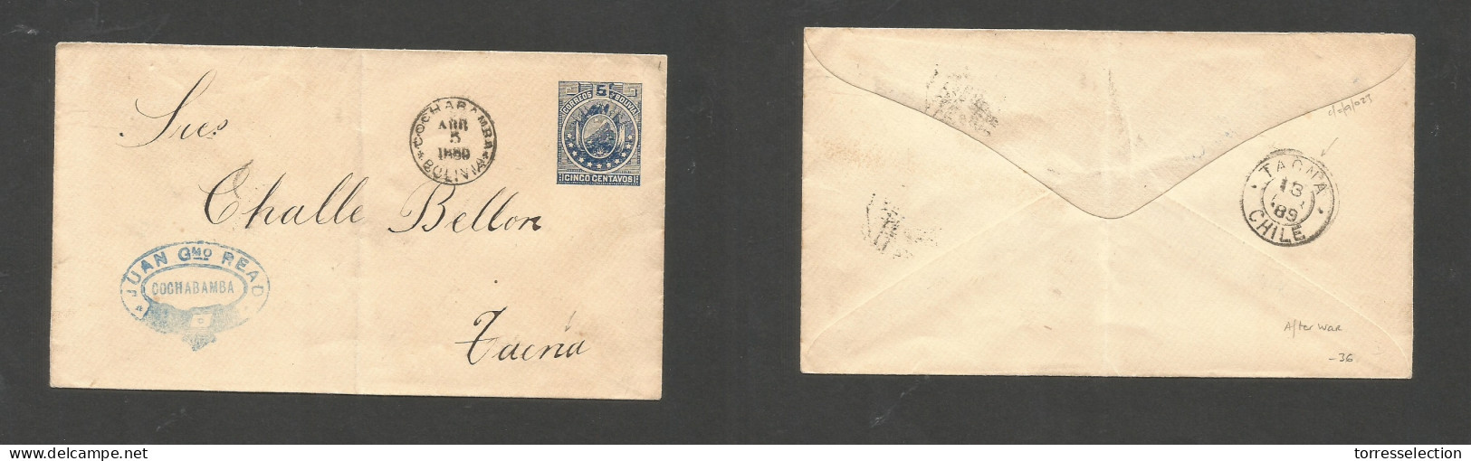 BOLIVIA. 1889 (5 April) Cochabamba - Tacna, Chile (13 Apr) 5c Blue Stat Env. Scarce Mail Link Post Pacific Line. - Bolivia