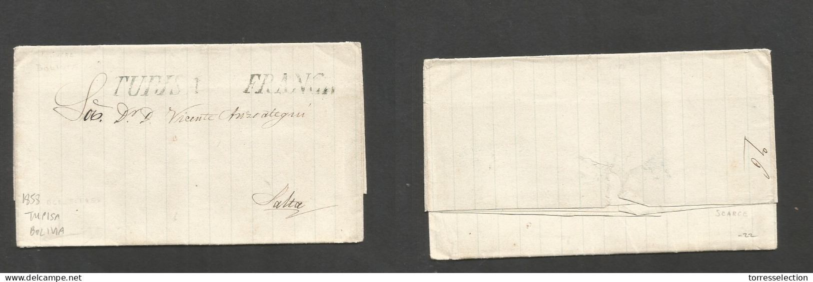 BOLIVIA. 1858 (8 Oct) Tupiza - Salta, EL With Text, Doble Stline TUPIZA + FRANCA. Fine. - Bolivia