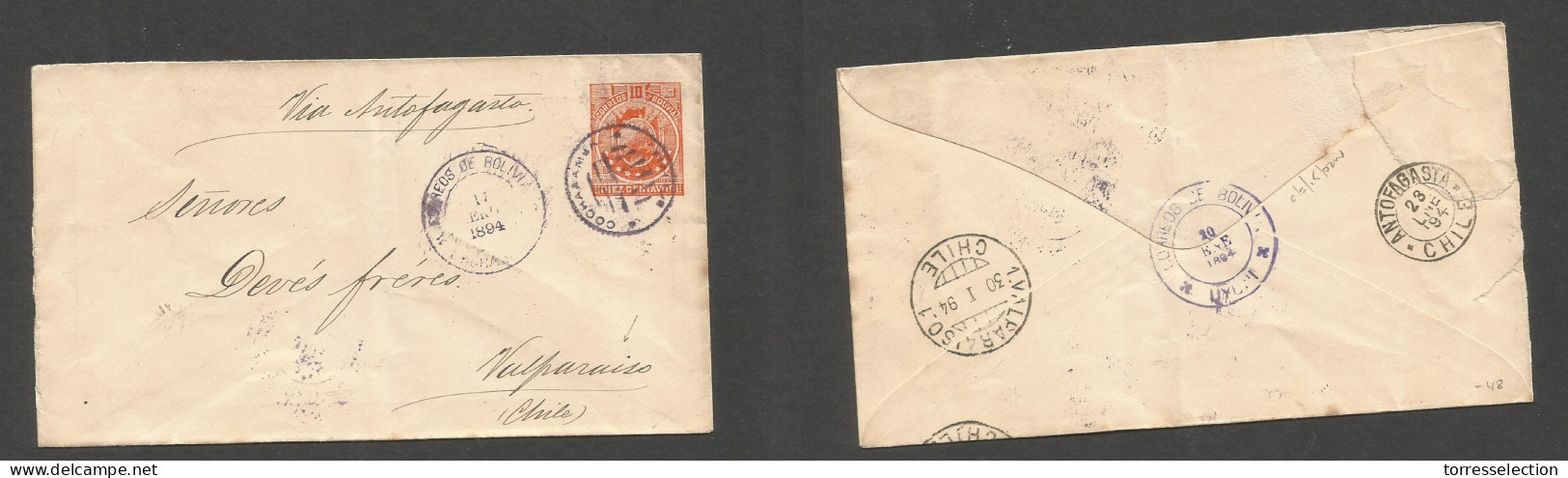 BOLIVIA. 1894 (17 Ene) Cochahamba - Chile, Valparaiso (30 Jan) Via Antofagasta - Ujuny, 10c Orange Stat Env. Fine. - Bolivia