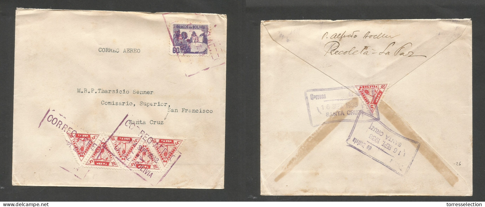 BOLIVIA. 1938 (14 Sept) La Paz - Santa Cruz (16 Sept) Air Internal Multifkd Front And Reverse Env Incl 6x Multitax 5c Re - Bolivia