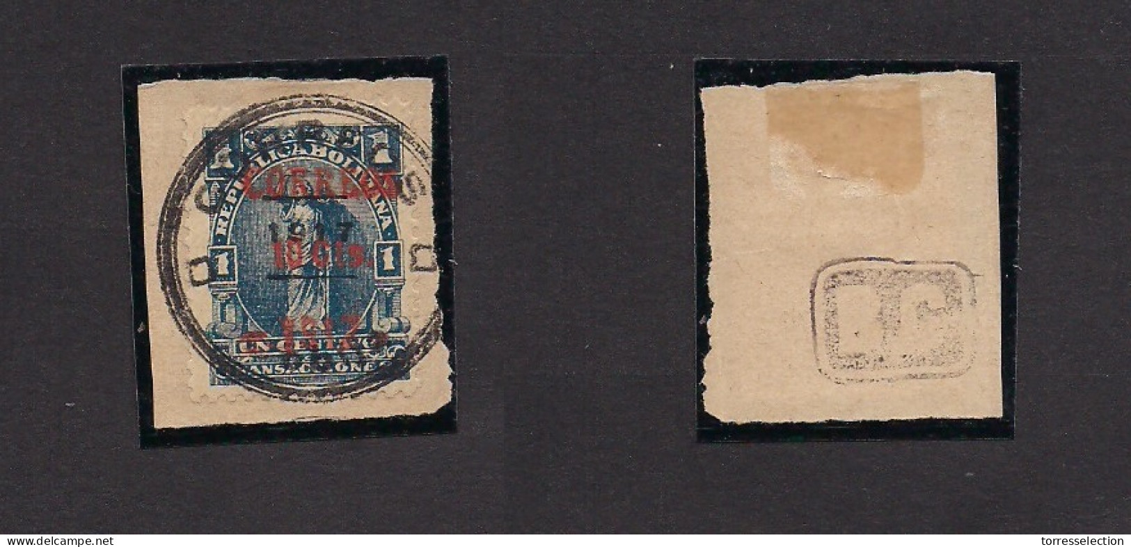 BOLIVIA. 1917. Yv 110º. Cobija Issue. 10cs M 1c Blue Red Ovptd On Piece, Cobija Cds. Rarity. Yv 2010 4,200 Euros. - Bolivia