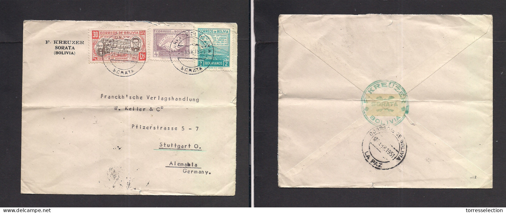 BOLIVIA. 1951 (3 Abr) Sorata - Germany, Stuttgart. Multifkd Env Via La Paz. Nice Condition. - Bolivia