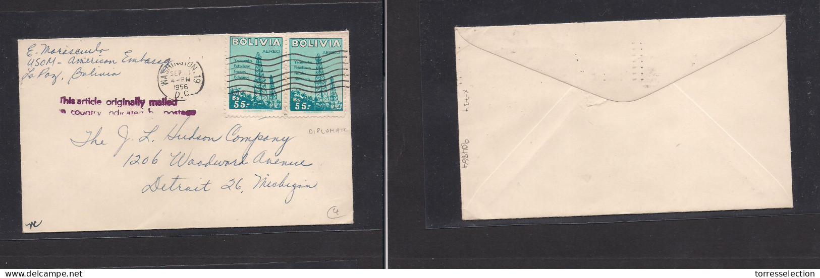 BOLIVIA. Bolivia  -cover - 1956 US Diplomatic Fkd Env Washington Cancel. Easy Deal. - Bolivia