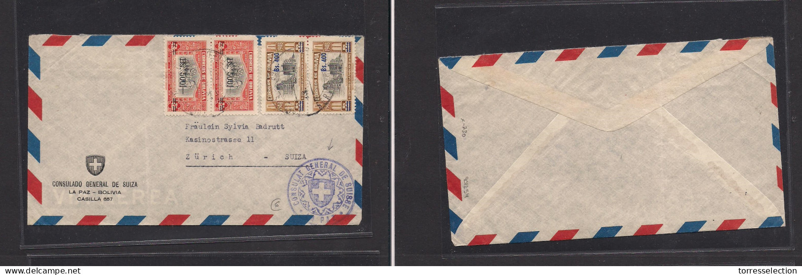 BOLIVIA. Bolivia  -cover - C.1948 La Paz To Switz Swiss Consular Mail Air Mult Fkd Env Ovpt Issue. Easy Deal. - Bolivia