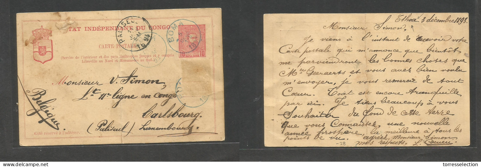 BELGIAN CONGO. 1893 (3 Dec) Ishoa - Luxembourg, Poliseul, Carlbourg, Belgiu, (24 Jan 94) 10c Stat Card, Blue Cds (furthe - Andere & Zonder Classificatie