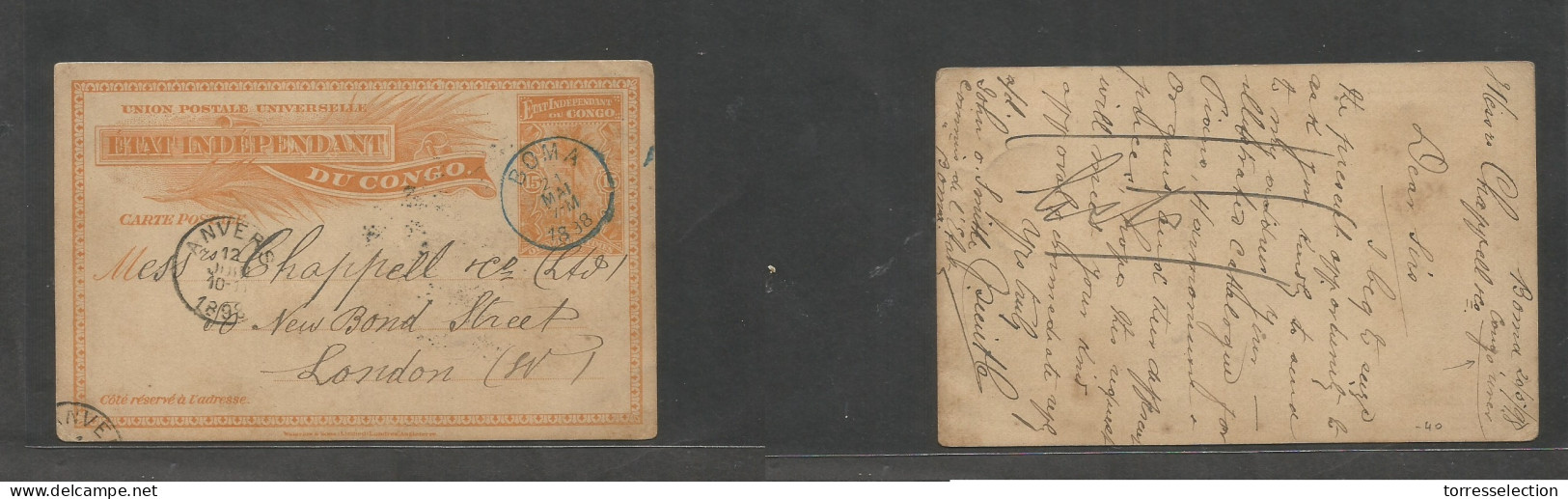 BELGIAN CONGO. 1898 (20 May) Boma, Congo River - London, UK Via Anvers, Belgium (12 June) 15c Orange Stat Card Blue Cds  - Andere & Zonder Classificatie