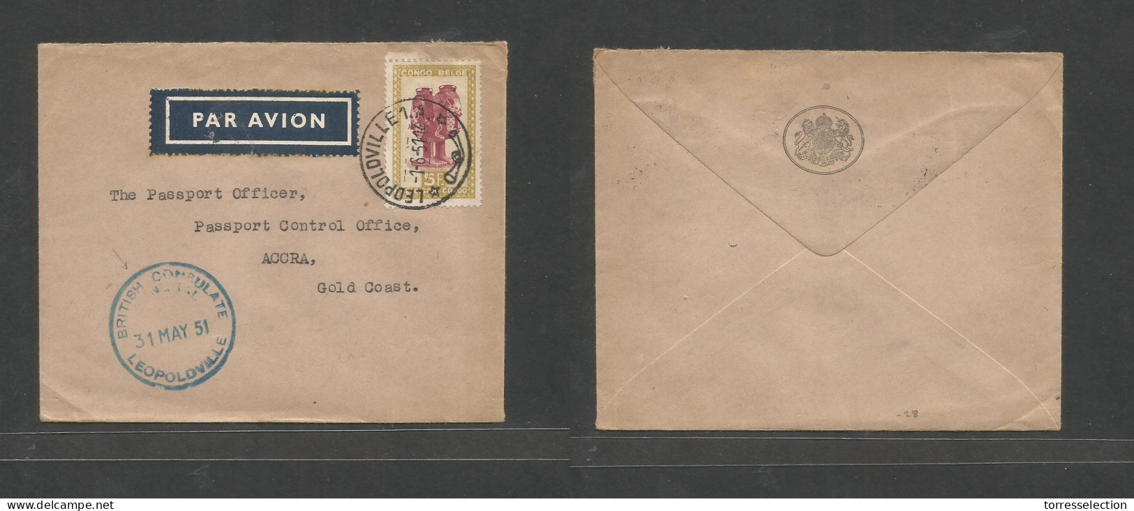 BELGIAN CONGO. 1951 (1 June) Leopoldville - Gold Coast, Accra. British Consular Mail. Air Single 5 Fr Fkd Envelope Cds + - Sonstige & Ohne Zuordnung