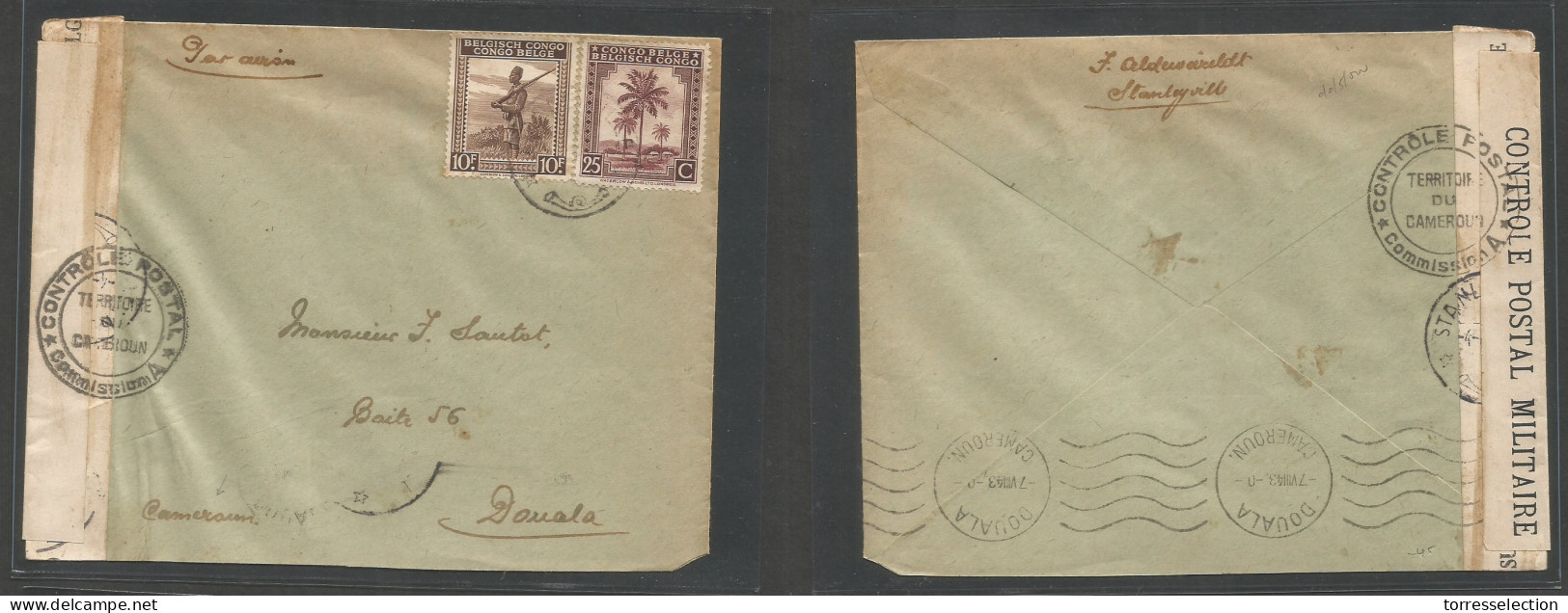 BELGIAN CONGO. 1943 (Aug) Stanleyville - Douala, Camerun, French Colony (7 Aug) Air Censor Multifkd Env At 10,25 Fr Rate - Otros & Sin Clasificación