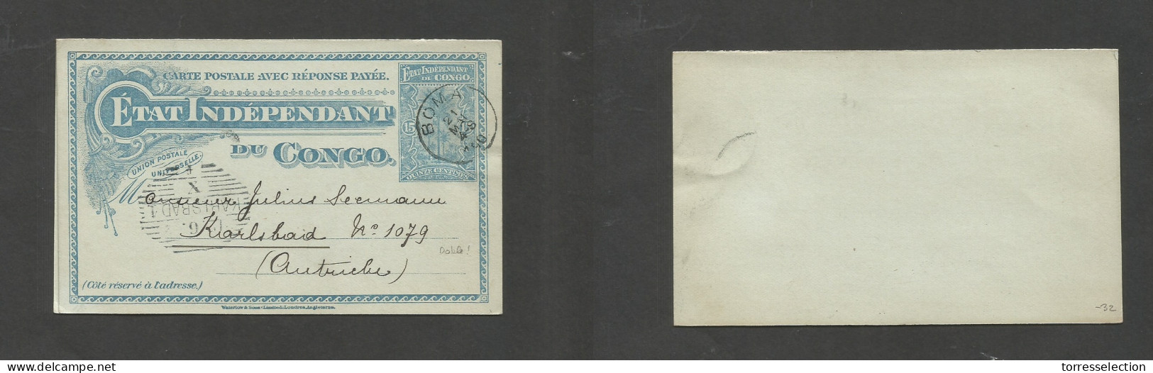 BELGIAN CONGO. 1907 (21 May) Boma - Austria, Karalshad (12 June) Doble Stat Card Used On Way Out. - Other & Unclassified