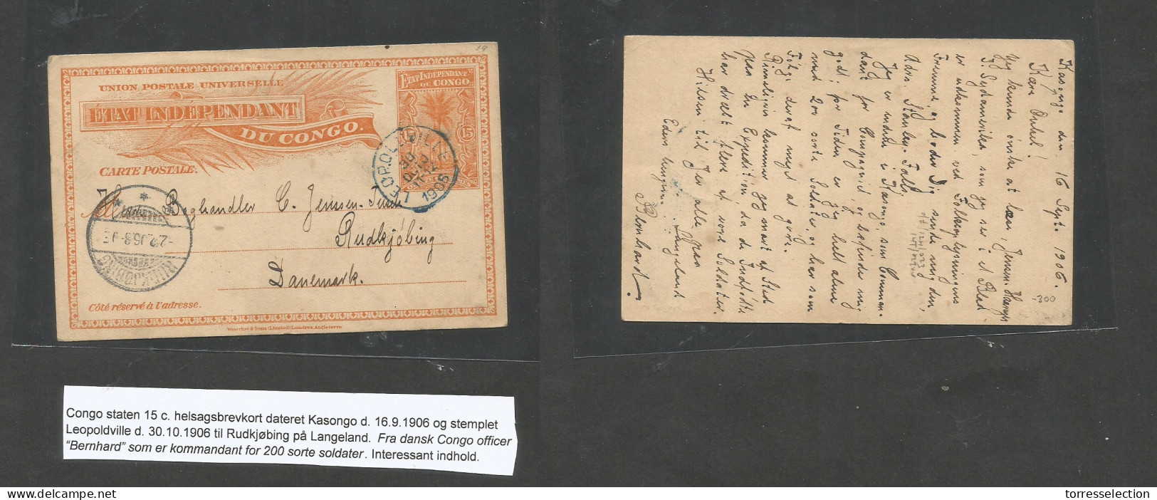 BELGIAN CONGO. 1906 (16 Sept) Kasongo - Denmark, Rudjobing. 15c Orange Etat Independant Stat Card Via Leopoldville (30 O - Otros & Sin Clasificación