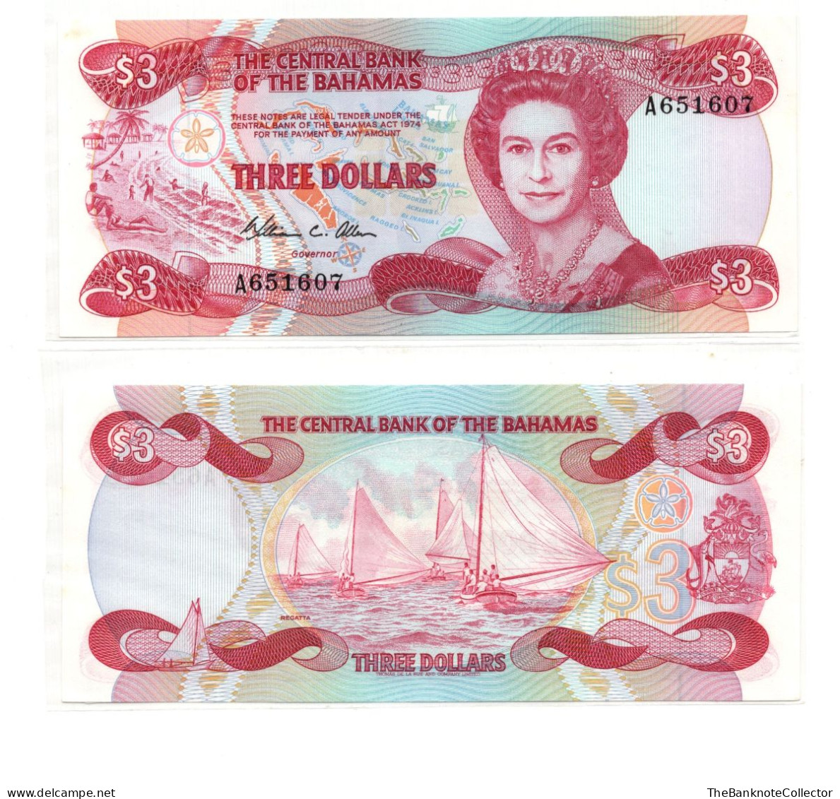Bahamas Central Bank 3 Dollars 1974 (1984) QEII P-44 Allen Signature UNC - Bahamas