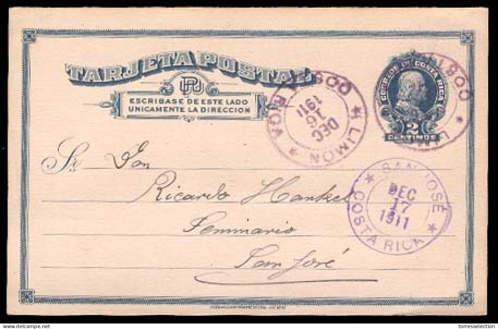 COSTA RICA. 1911 (16 Dec). Limon To San Jose. 2c Blue Stat.card. XF With Dep.+arrival Cds. - Costa Rica